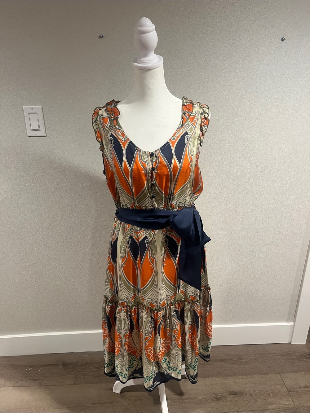 Orange Patterned Midi Dress with Navy Sash